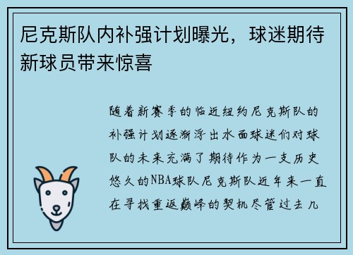 尼克斯队内补强计划曝光，球迷期待新球员带来惊喜