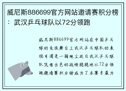 威尼斯886699官方网站邀请赛积分榜：武汉乒乓球队以72分领跑